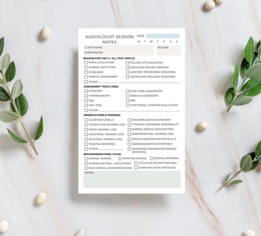 Audiologist Session Note Notepad Hearing Evaluation Checklist ENT Office Supplies Audiology Clinic Documentation 5.5x8.5 Tear-Off Pad