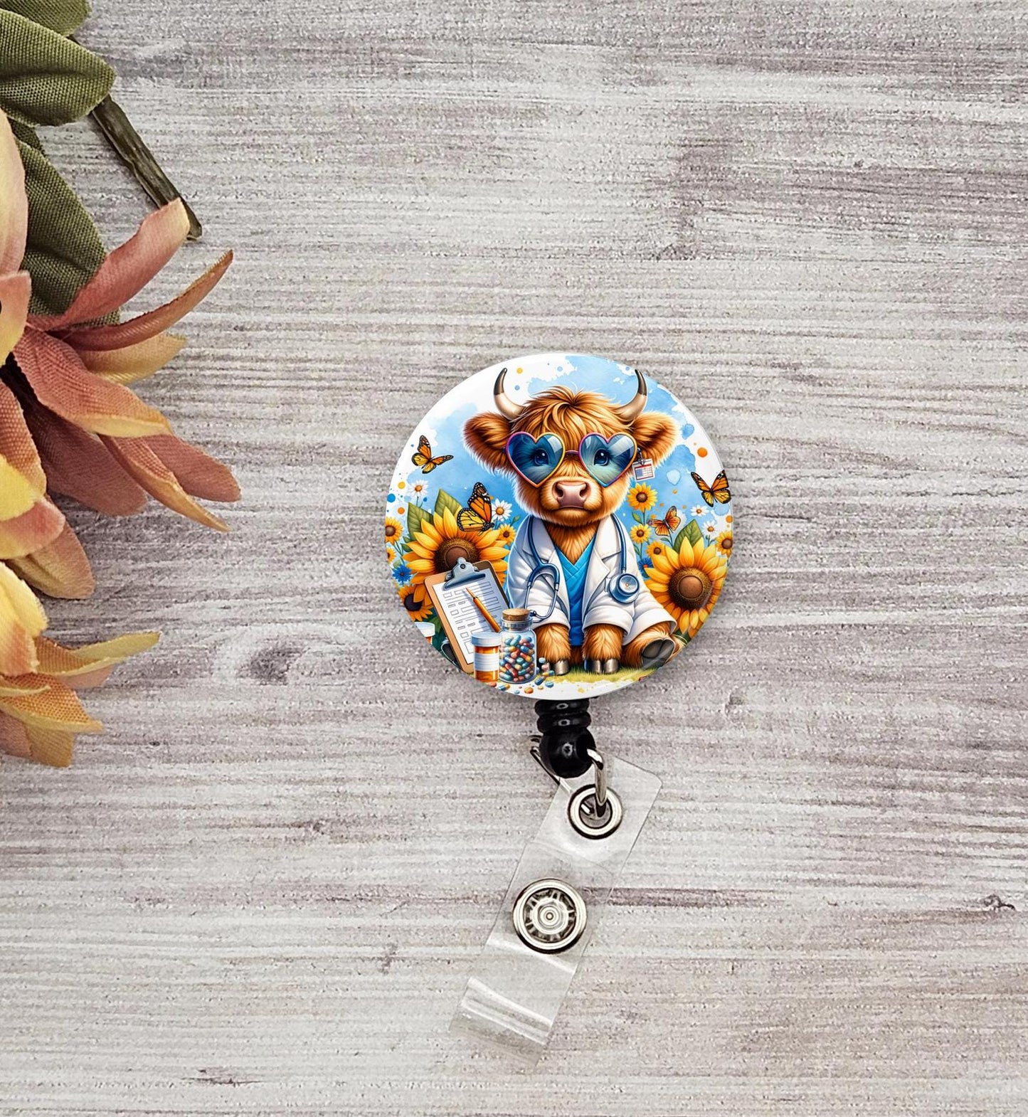 Medical Highland Cow in Scrubs Button Badge Name Reel custom ID Badge Retractable Badge Reel Work Badge Work ID Badge Co Worker Gift