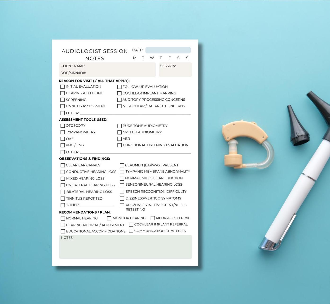 Audiologist Session Note Notepad Hearing Evaluation Checklist ENT Office Supplies Audiology Clinic Documentation 5.5x8.5 Tear-Off Pad