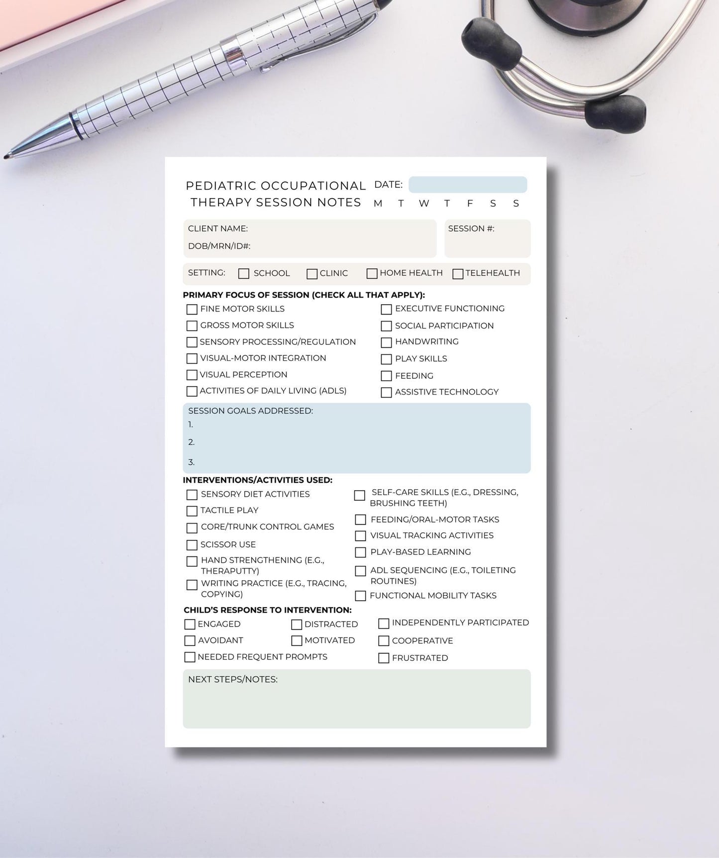 Pediatric Occupational Therapy Session Notes Notepad | OT Daily Progress Tracker for Children OT Documentation for School Clinic Home Health