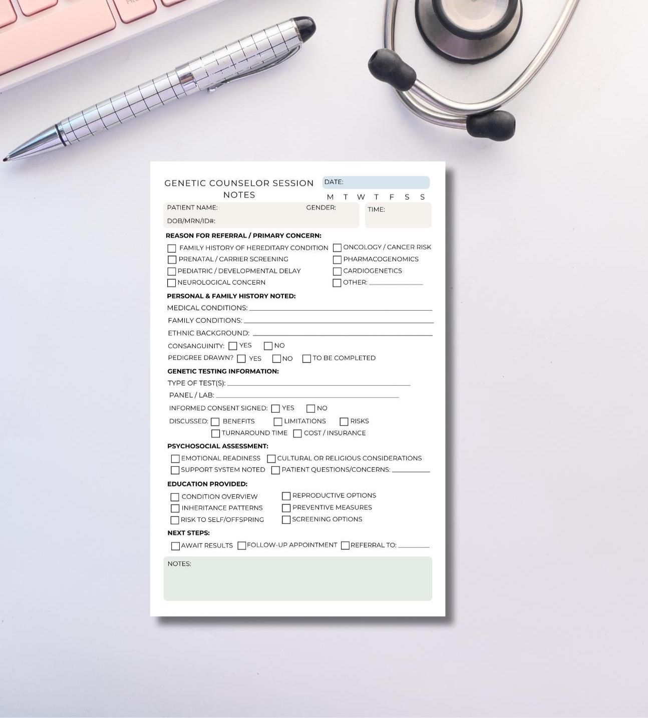 Genetic Counselor Session Notes Notepad – Patient Assessment Log for Prenatal, Cancer, and General Genetics Counseling Clinical Note Pad DNA