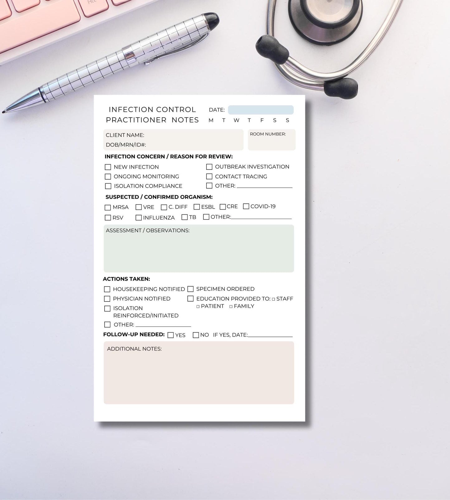 Infection Control Practitioner Session Notes Hospital Infection Prevention Notepad | ICP Documentation Log ICP notes infection control form