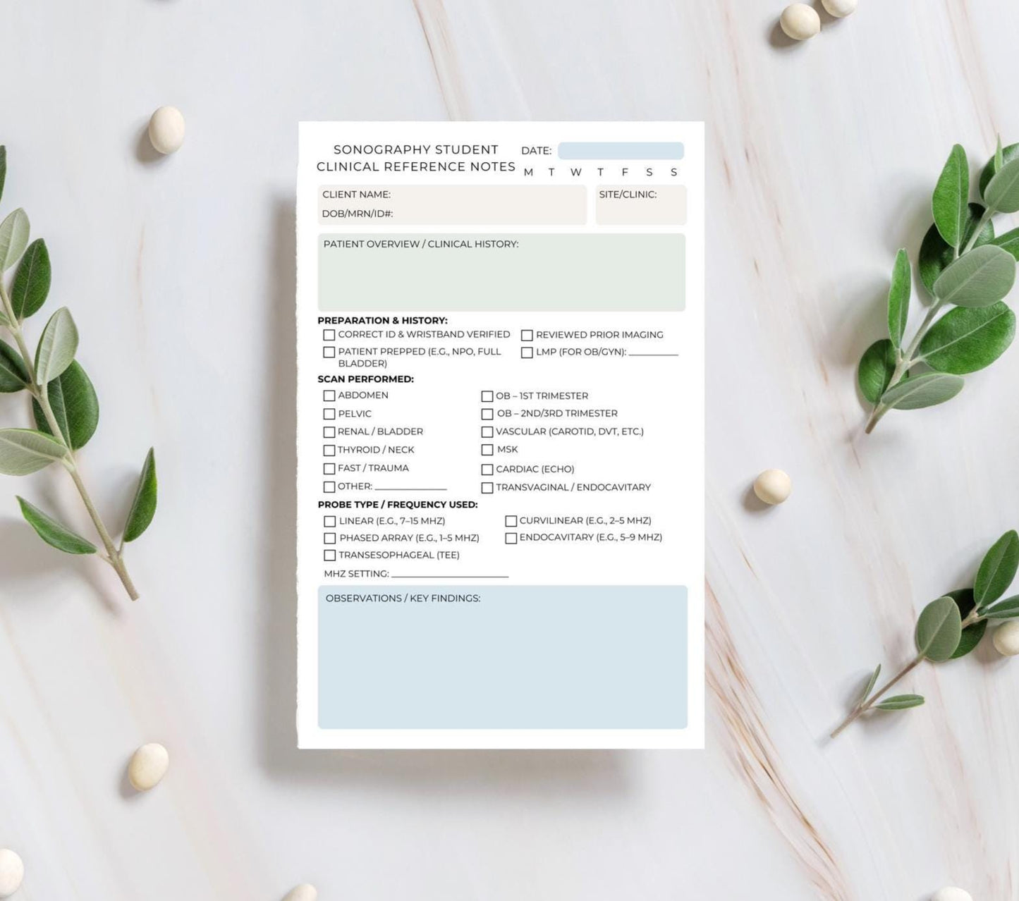 Sonography Student Clinical Reference Notepad | Ultrasound Tech Student Notes | 5.5x8.5" Notepad for Clinical Rotations | DMS School Tool