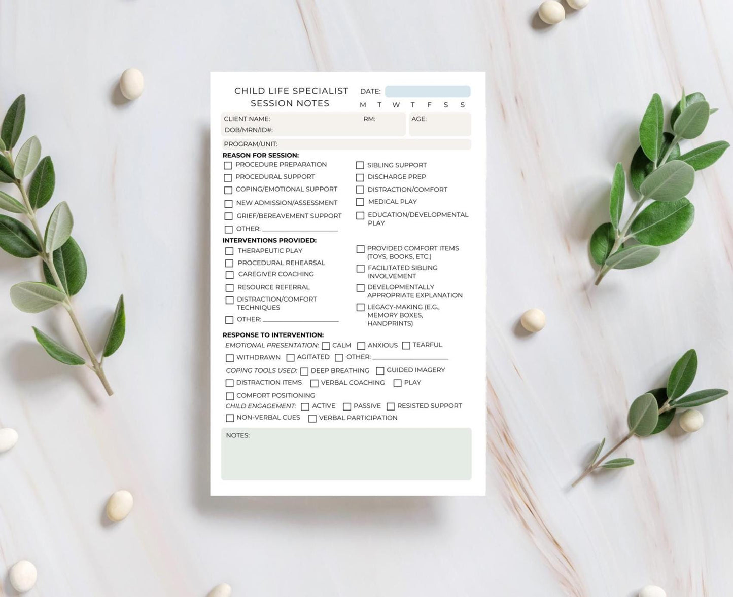 Child Life Specialist Session Notes | Pediatric Coping Log for Hospital Support | Child Life Notepad for Medical Play & Emotional Support