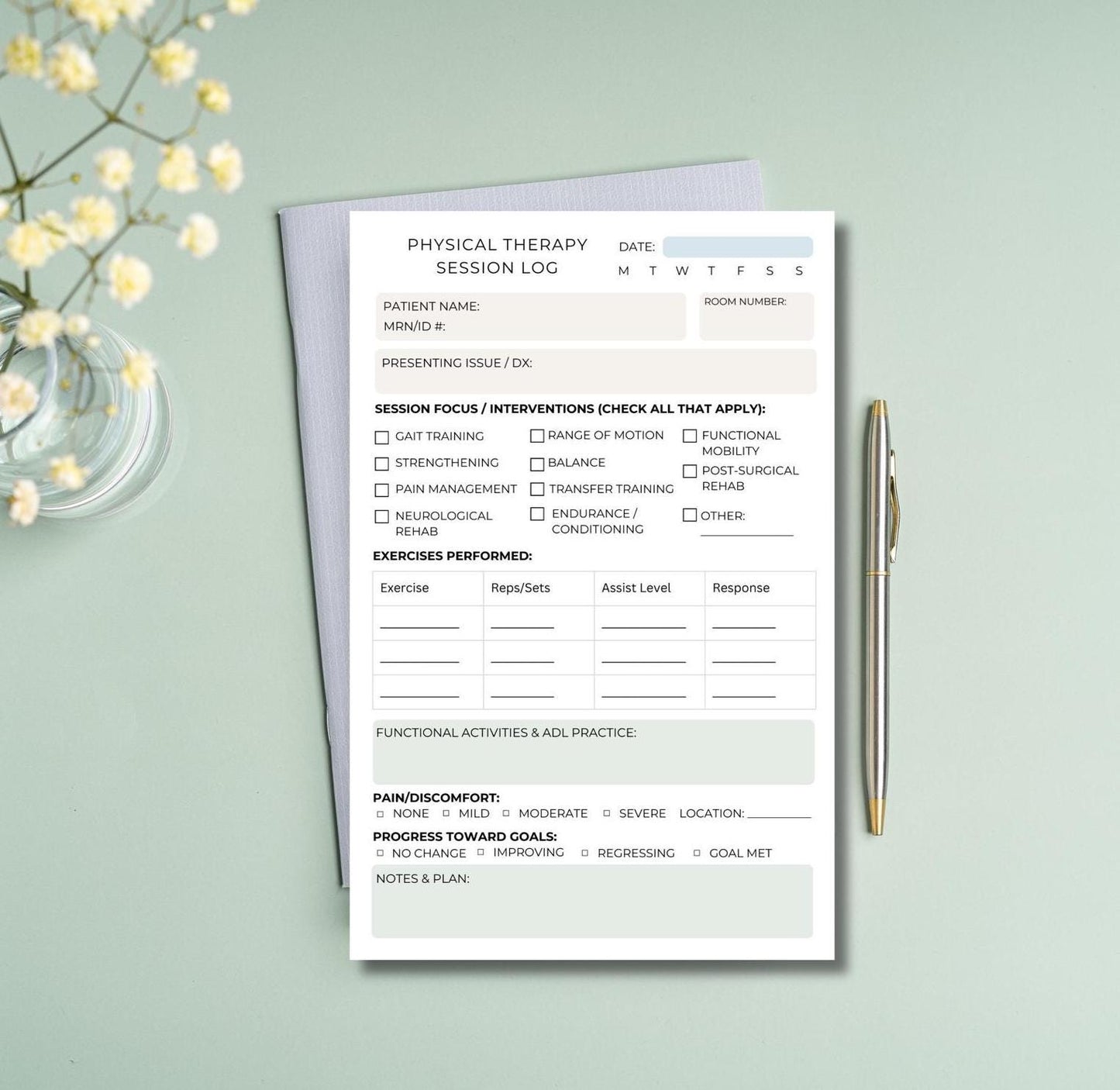 Physical Therapy Session Log Notepad – Soft Boho Design | 5.5” x 8.5” Daily PT Progress Tracker | OT & Rehab Documentation Pad PTA session