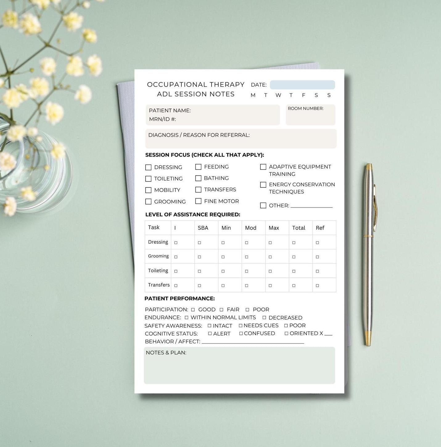 Occupational Therapy Daily ADL Session Notes Notepad | Occupational Therapy SOAP Tracker | Rehab Progress Log for Occupational Therapy OTA