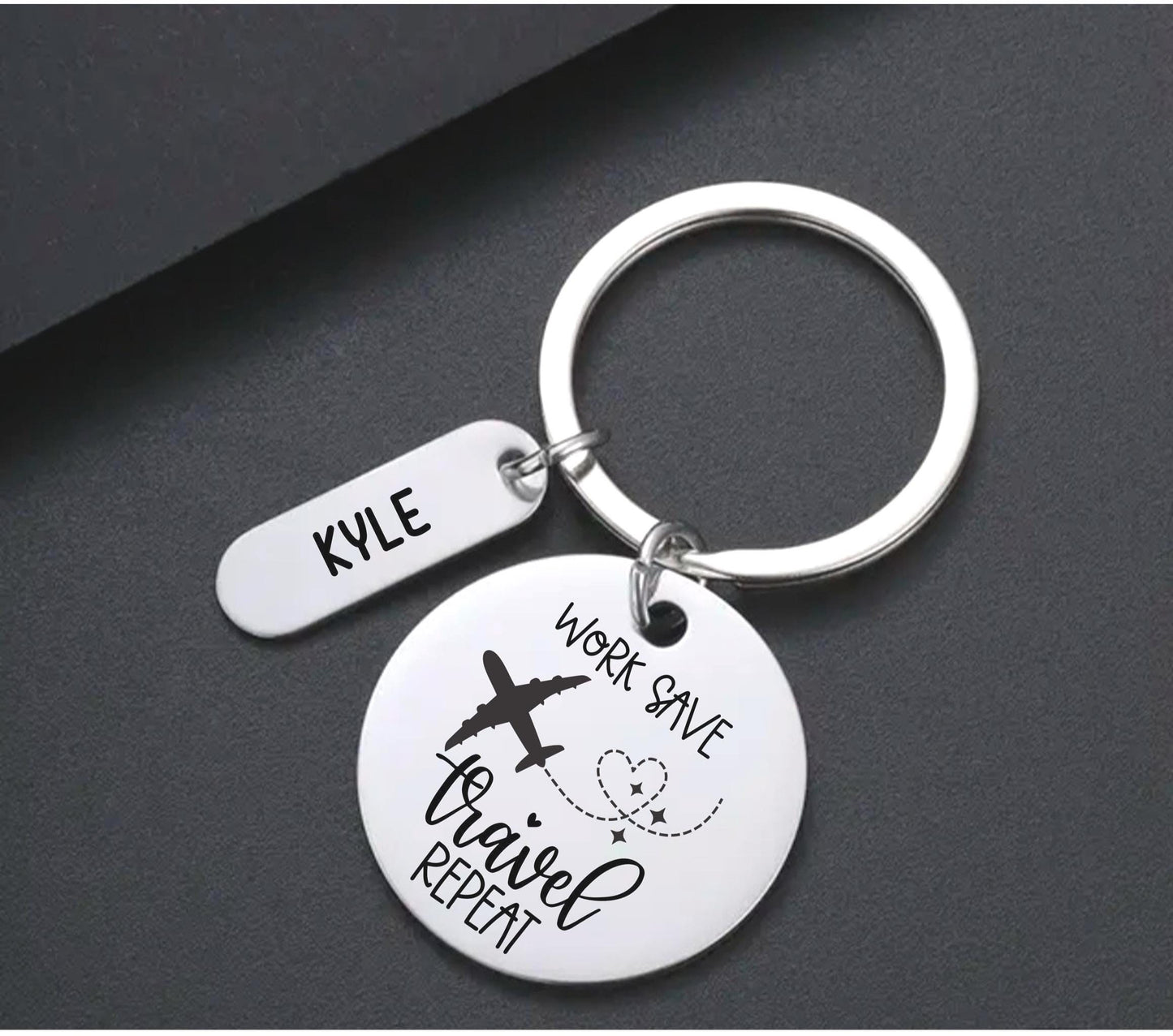 Personalized Work Save Travel Repeat Engraved keychain world traveler Key Ring vacation Gifts for her  custom keychain flight attendant gift