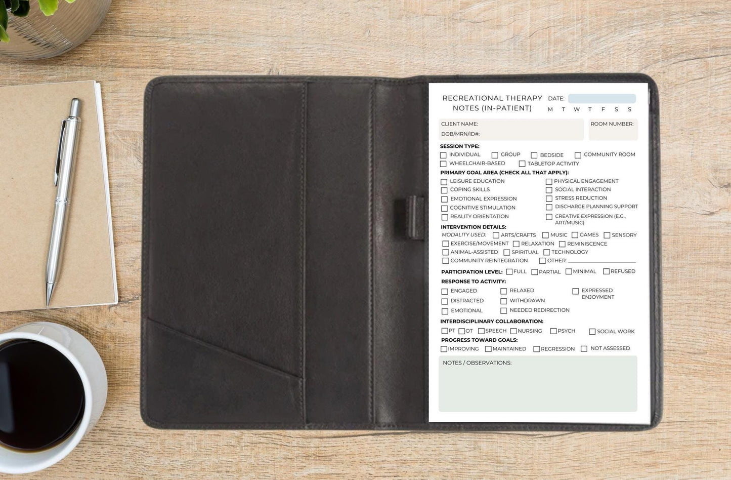 Inpatient Recreational Therapy Session Notes RT Documentation Notepad for Hospitals & Rehab Units CTRS session notepad Recreation therapy