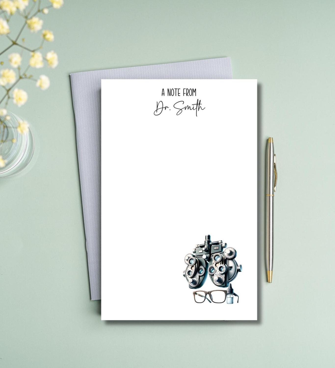 Personalized Optometrist Notepad – Eye Doctor Stationery with Glasses, Eye Drops & Equipment – Custom Name Notepad for Ophthalmologists