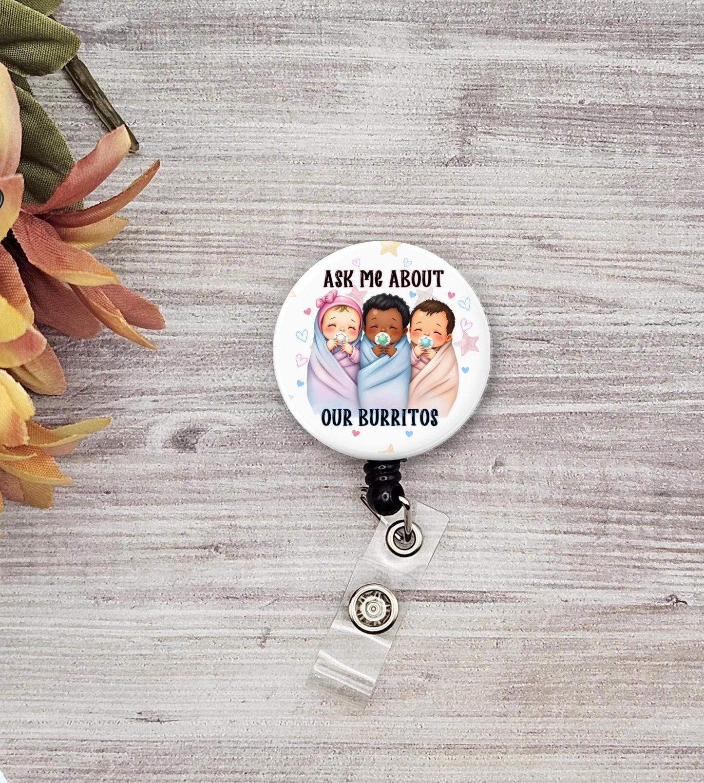 Labor and delivery baby burrito button name badge holder Nicu gift graduation baby nurse gift L&D student maternity nurse badge reel