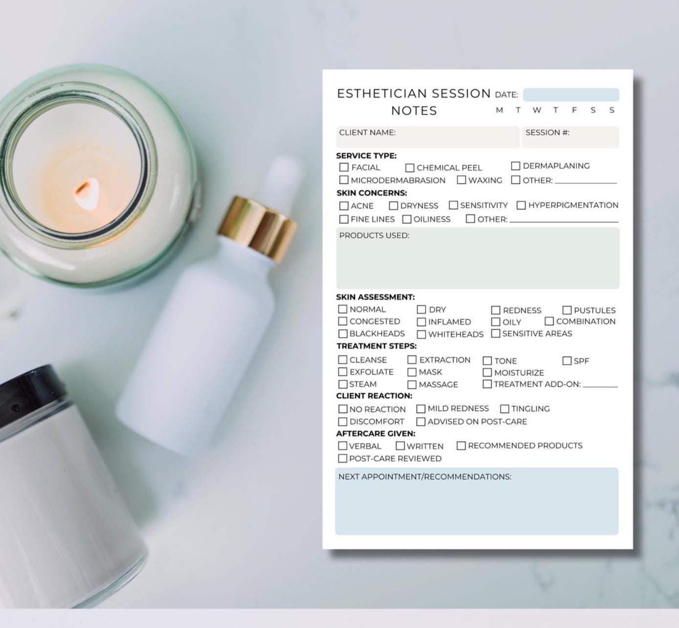 Esthetician Session Notes Notepad | Skincare Treatment Client Log | Facial & Beauty Service Tracking Pad Spa skincare notes Medi-spa Health