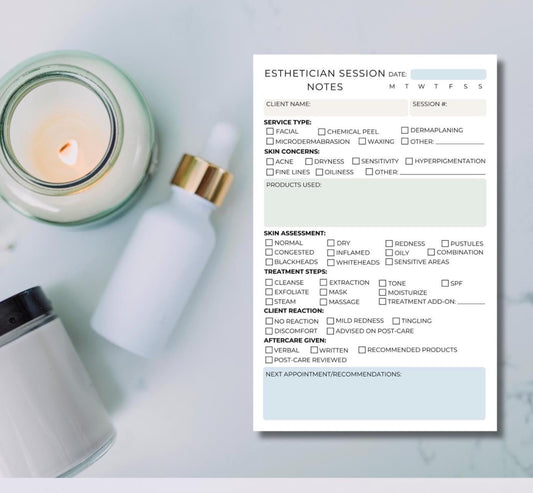 Esthetician Session Notes Notepad | Skincare Treatment Client Log | Facial & Beauty Service Tracking Pad Spa skincare notes Medi-spa Health
