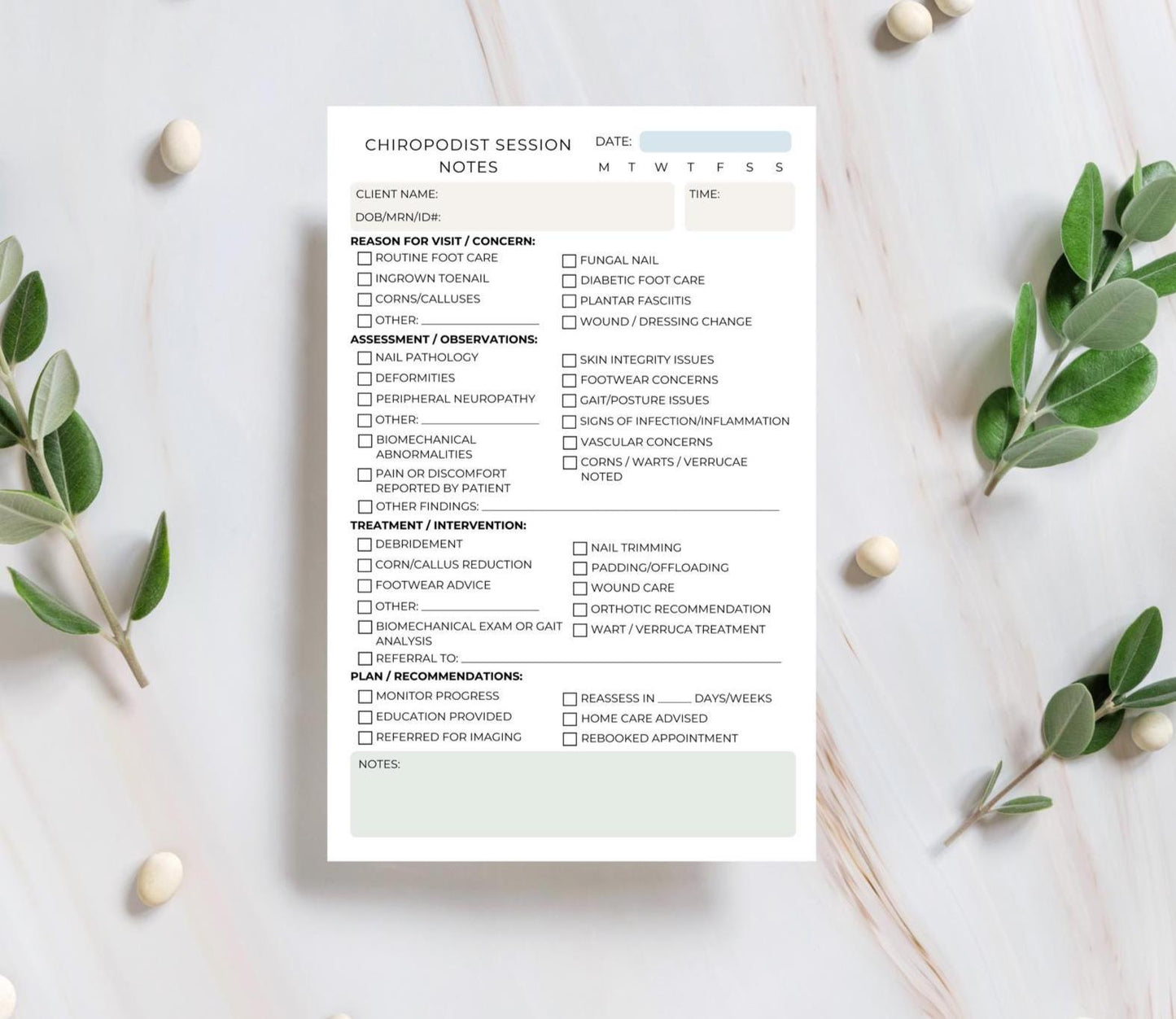 Chiropodist Session Note Notepad | Foot Care Documentation Pad | Personalized 5.5x8.5” Clinic Notepad | Podiatry Office Supplies Chiropody