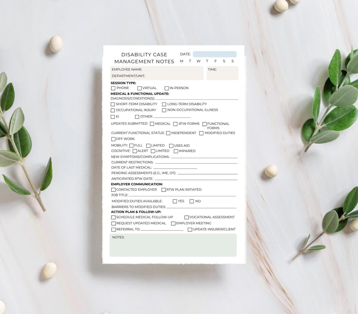 Disability Case Management Session Notes Notepad DCM Return to Work Forms | Insurance & Claims Tracker Medical Case Manager Human Resources