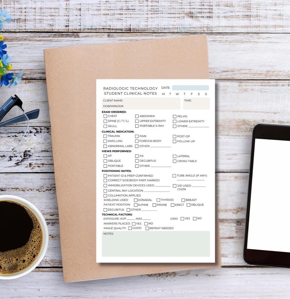 Radiologic Technology Student Clinical Reference Notepad | X-ray Tech School Cheat Sheet | 5.5x8.5” Clinical Tracker for Rad Tech Students