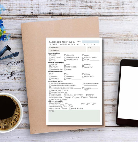Radiologic Technology Student Clinical Reference Notepad | X-ray Tech School Cheat Sheet | 5.5x8.5” Clinical Tracker for Rad Tech Students