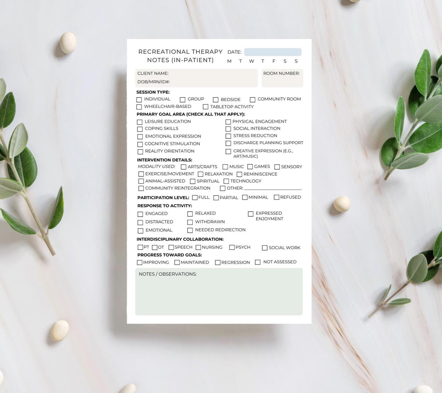 Inpatient Recreational Therapy Session Notes RT Documentation Notepad for Hospitals & Rehab Units CTRS session notepad Recreation therapy