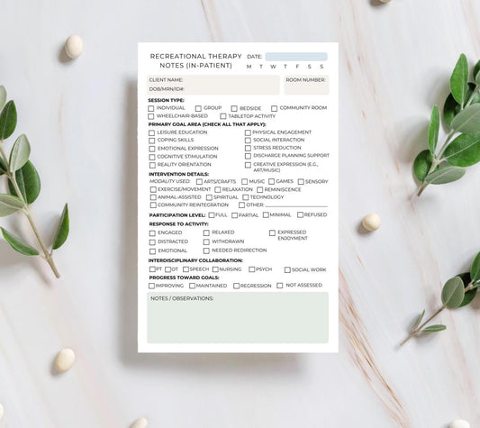 Inpatient Recreational Therapy Session Notes RT Documentation Notepad for Hospitals & Rehab Units CTRS session notepad Recreation therapy