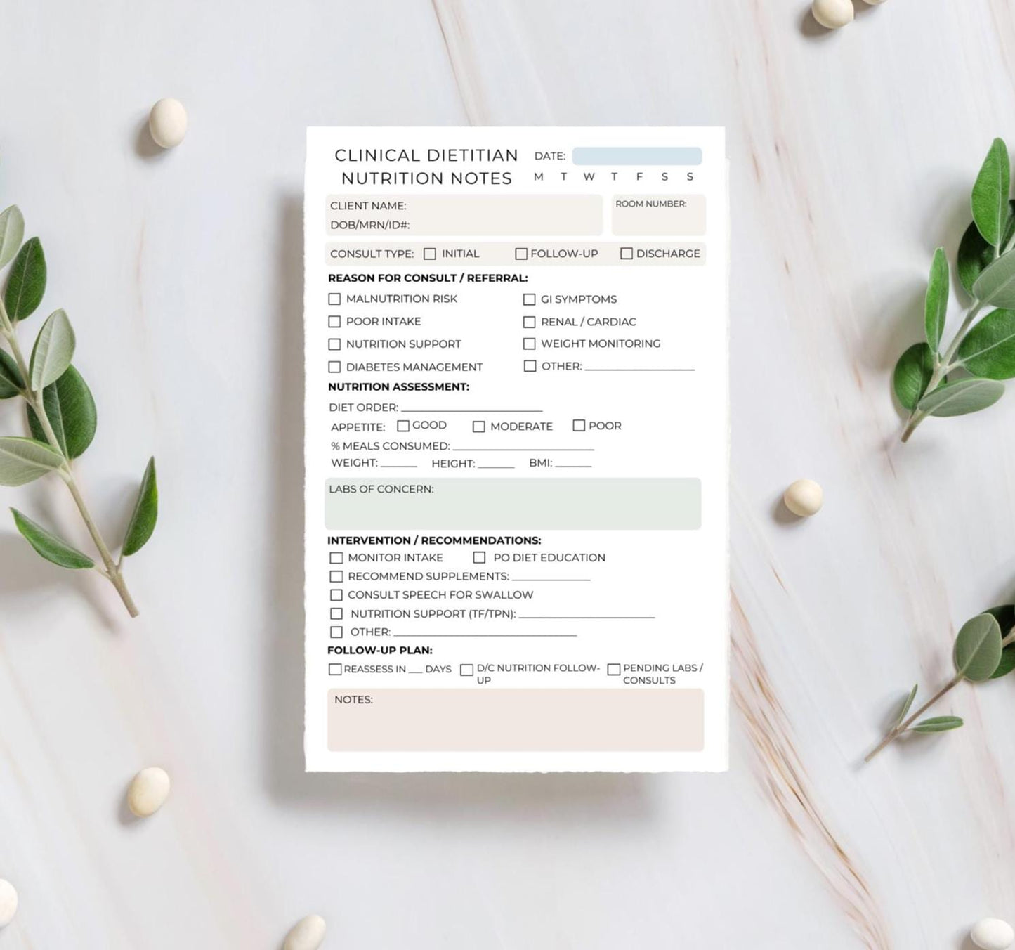Clinical Dietitian Session Notepad | Hospital Nutrition Consult Form | Acute Care RD Notepad | Dietitian RD Nutrition Support Documentation