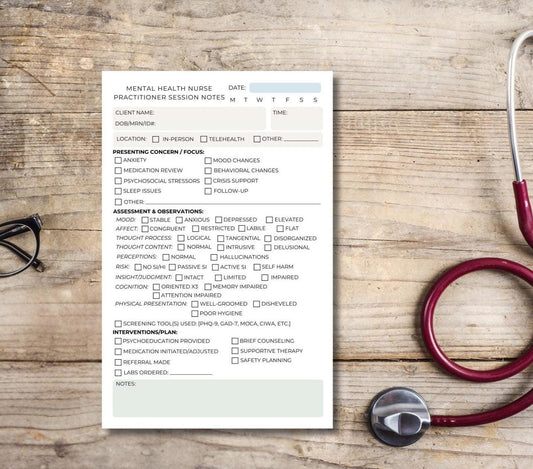 Mental Health Nurse Practitioner Session Note | MHNP Notepad for Assessment & MSE | Therapist Documentation Tool | 5.5x8.5 Notepad