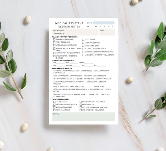 Medical Assistant Session Note Notepad | MA Daily Charting Pad | Professionally-Informed Documentation | Clinic Desk Accessory | 5.5x8.5”