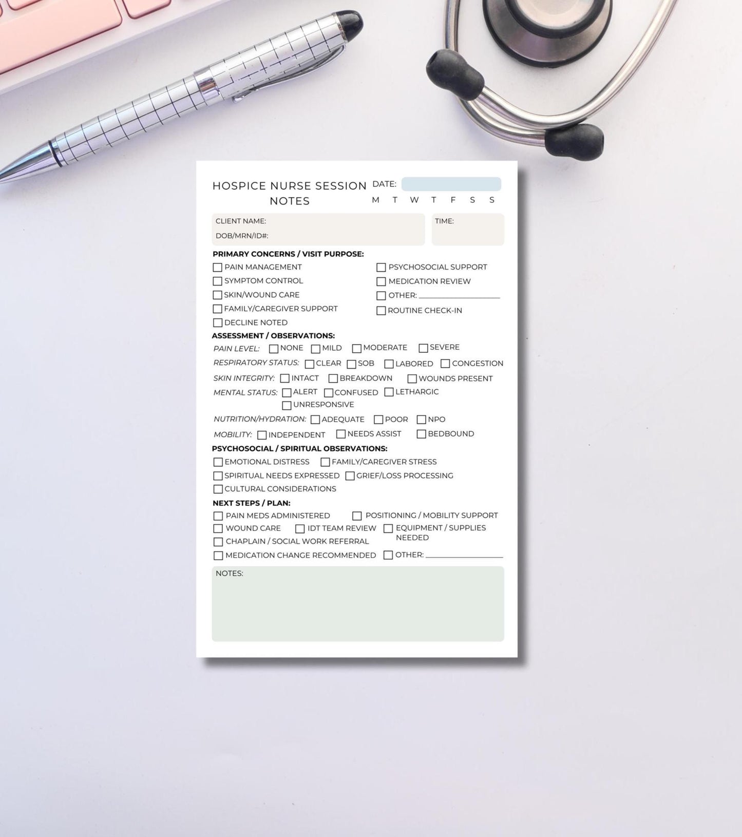 Hospice Nurse Session Notes Notepad Daily Visit Documentation Pad for End-of-Life Care Palliative Care, and Home Health Nursing Hospice gift