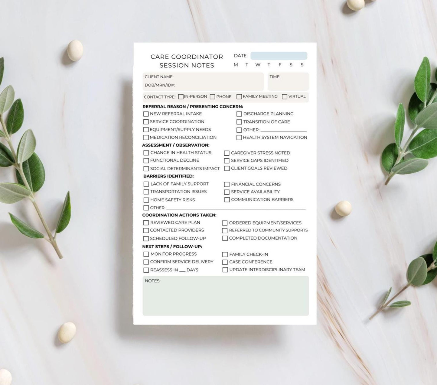 Care Coordinator Session Note Notepad Case Management Notes Social Work Documentation Healthcare Professional Notepad Health Care Navigator