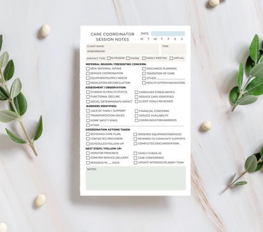 Care Coordinator Session Note Notepad Case Management Notes Social Work Documentation Healthcare Professional Notepad Health Care Navigator