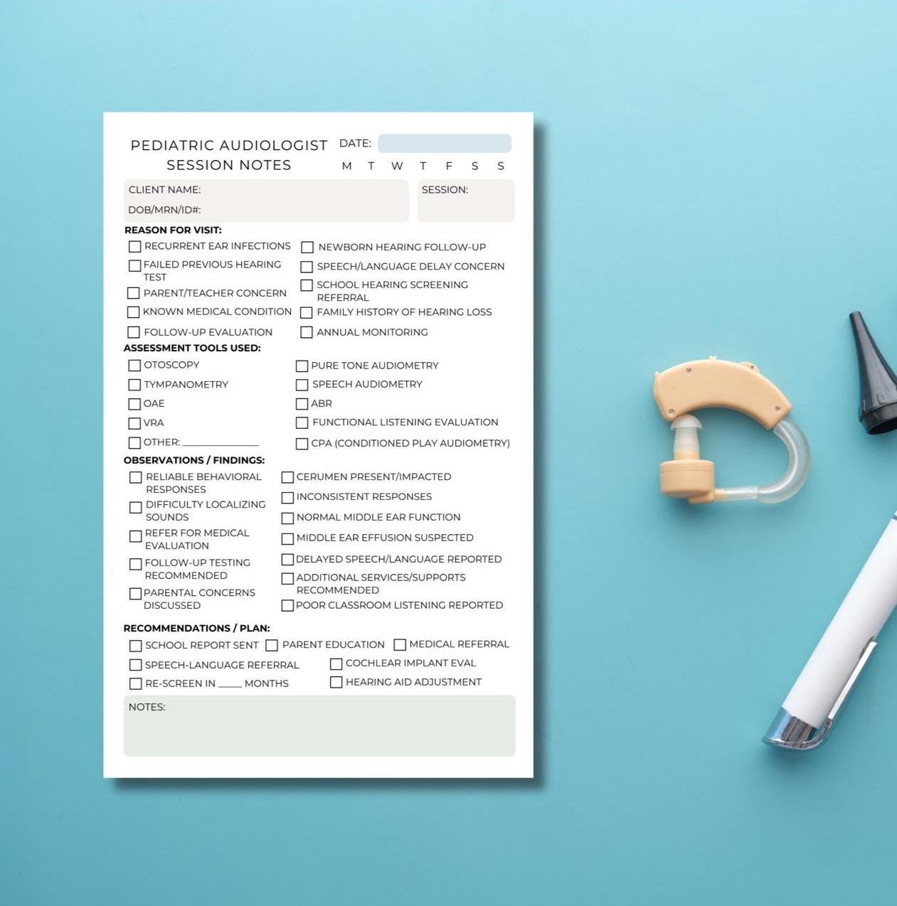 Pediatric Audiologist Session Notes Notepad | Hearing Evaluation Chart | 5.5"x8.5" | Pediatric Audiology Record Pad for Clinic Use