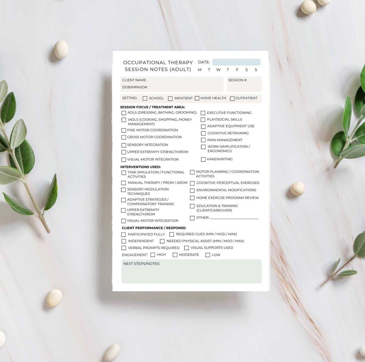 Occupational Therapy Session Notes Notepad | OT Adult Documentation Tool for Inpatient Outpatient Home Health Therapist Paperwork Organizer