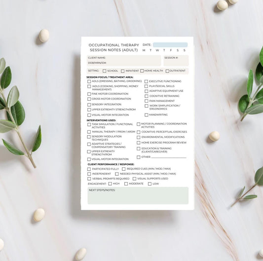 Occupational Therapy Session Notes Notepad | OT Adult Documentation Tool for Inpatient Outpatient Home Health Therapist Paperwork Organizer