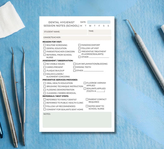 School Dental Hygienist Session Notes | Oral Health Notepad for School Screenings | Dental Documentation Pad | 5.5x8.5" | 50 Tear-Off Sheets
