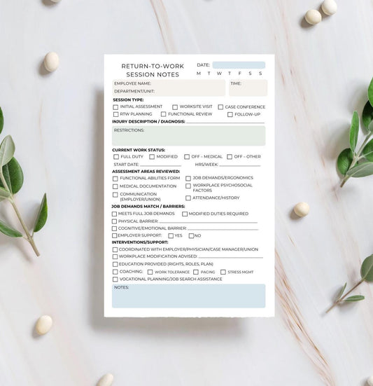 Return-to-Work Specialist Session Notes Notepad RTW Case Management Functional Abilities & Barriers Tracker RTW specialist Human Resources