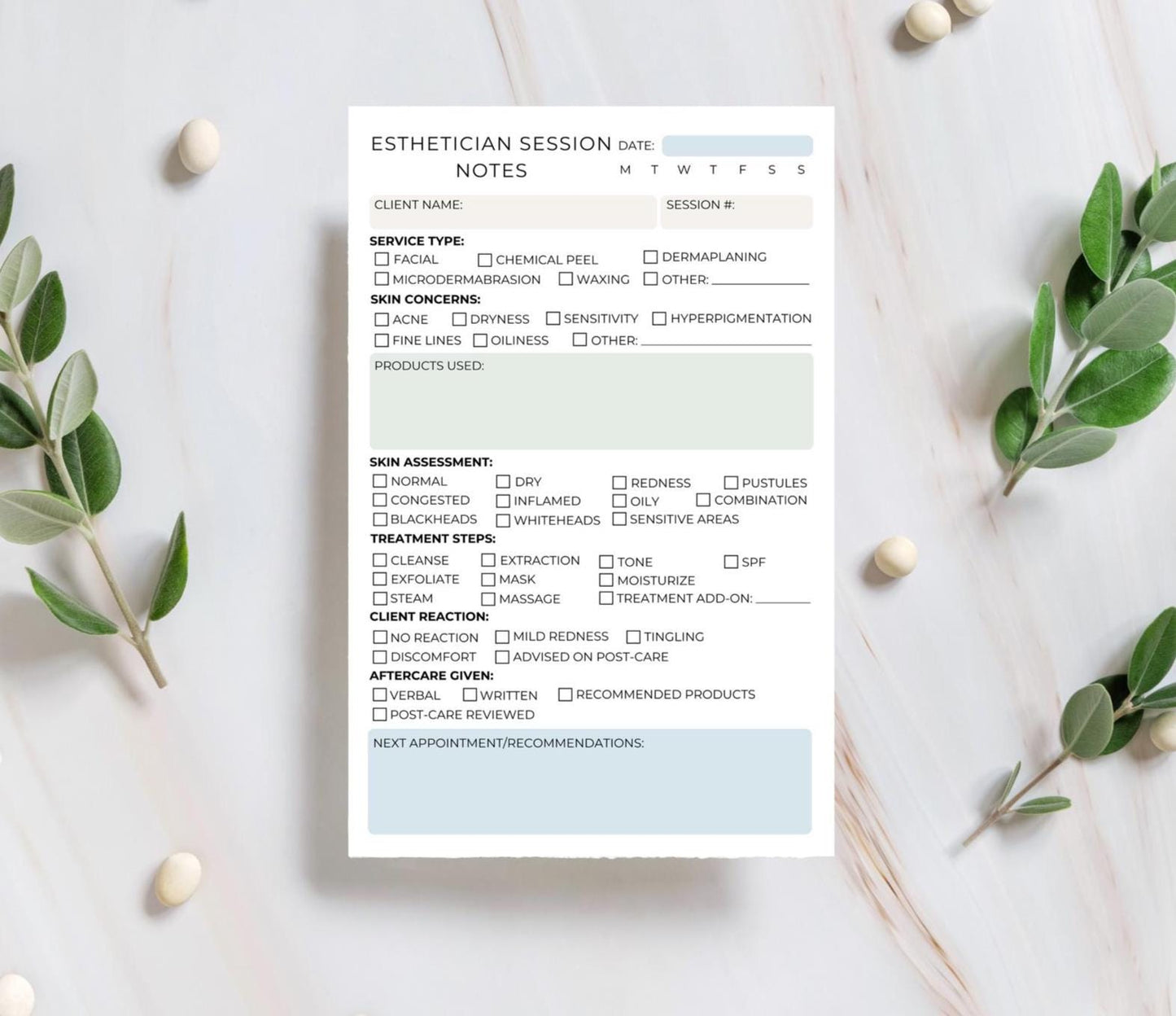 Esthetician Session Notes Notepad | Skincare Treatment Client Log | Facial & Beauty Service Tracking Pad Spa skincare notes Medi-spa Health