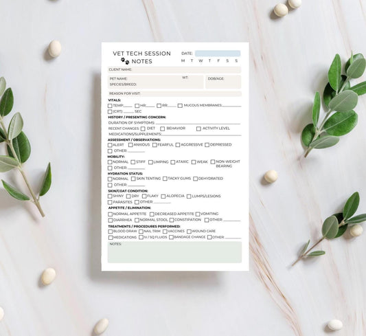 Vet Tech Session Notes Notepad | Veterinary Technician Patient Care Log Medical Record Pad | Animal Health Chart veterinary medicine notes