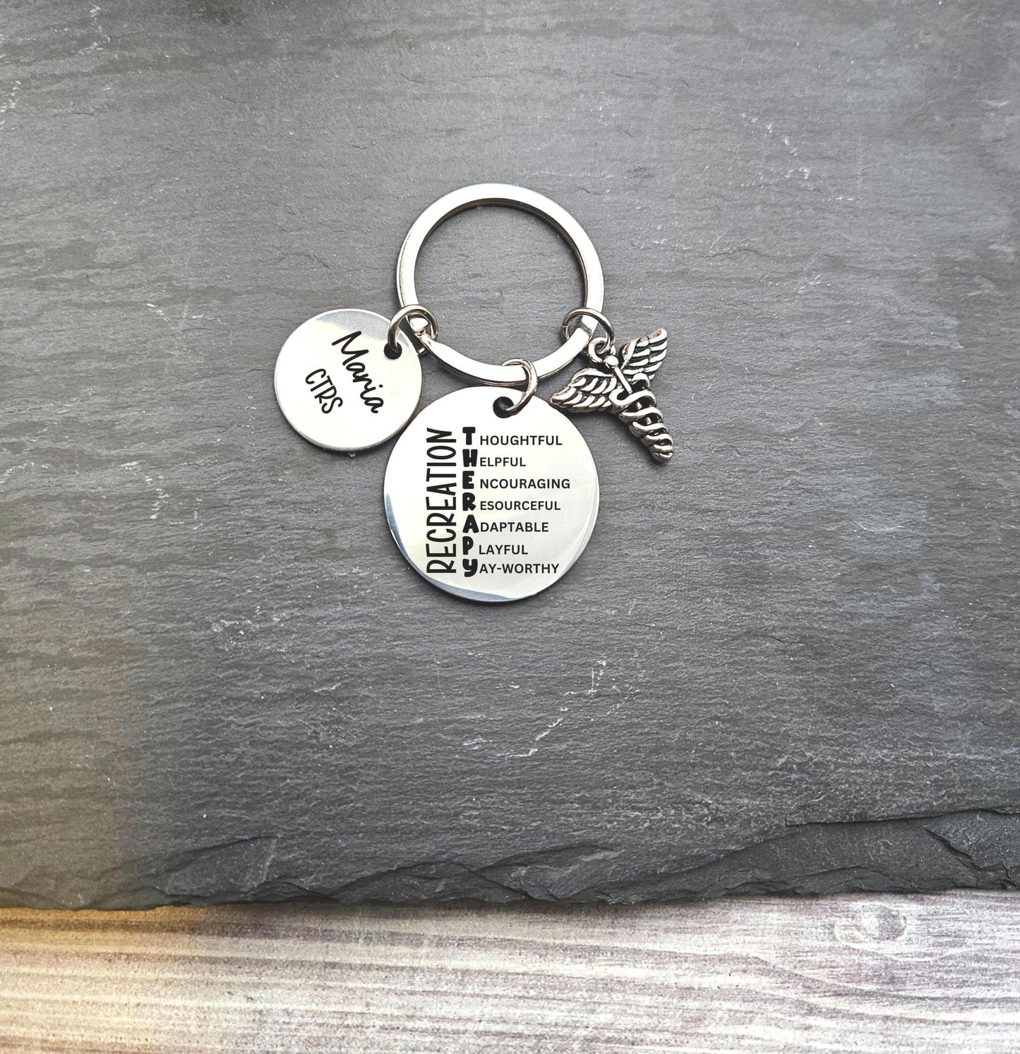 Personalized Recreational therapist Keychain Engraved RT Birthday Key Ring Gifts for her custom graduation recreation therapy keyring gift