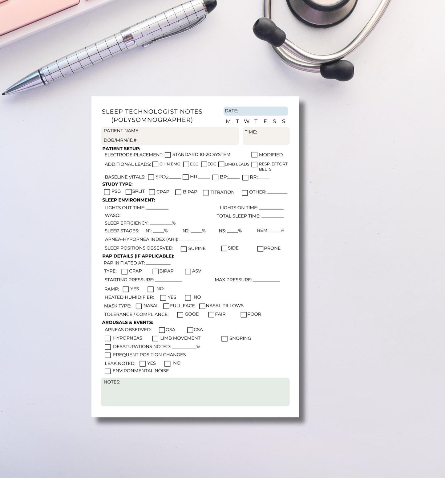 Sleep Technologist Notepad | Polysomnographer Sleep Study Log | Sleep Tech Session Notes for PSG, Titration, and Patient Monitoring