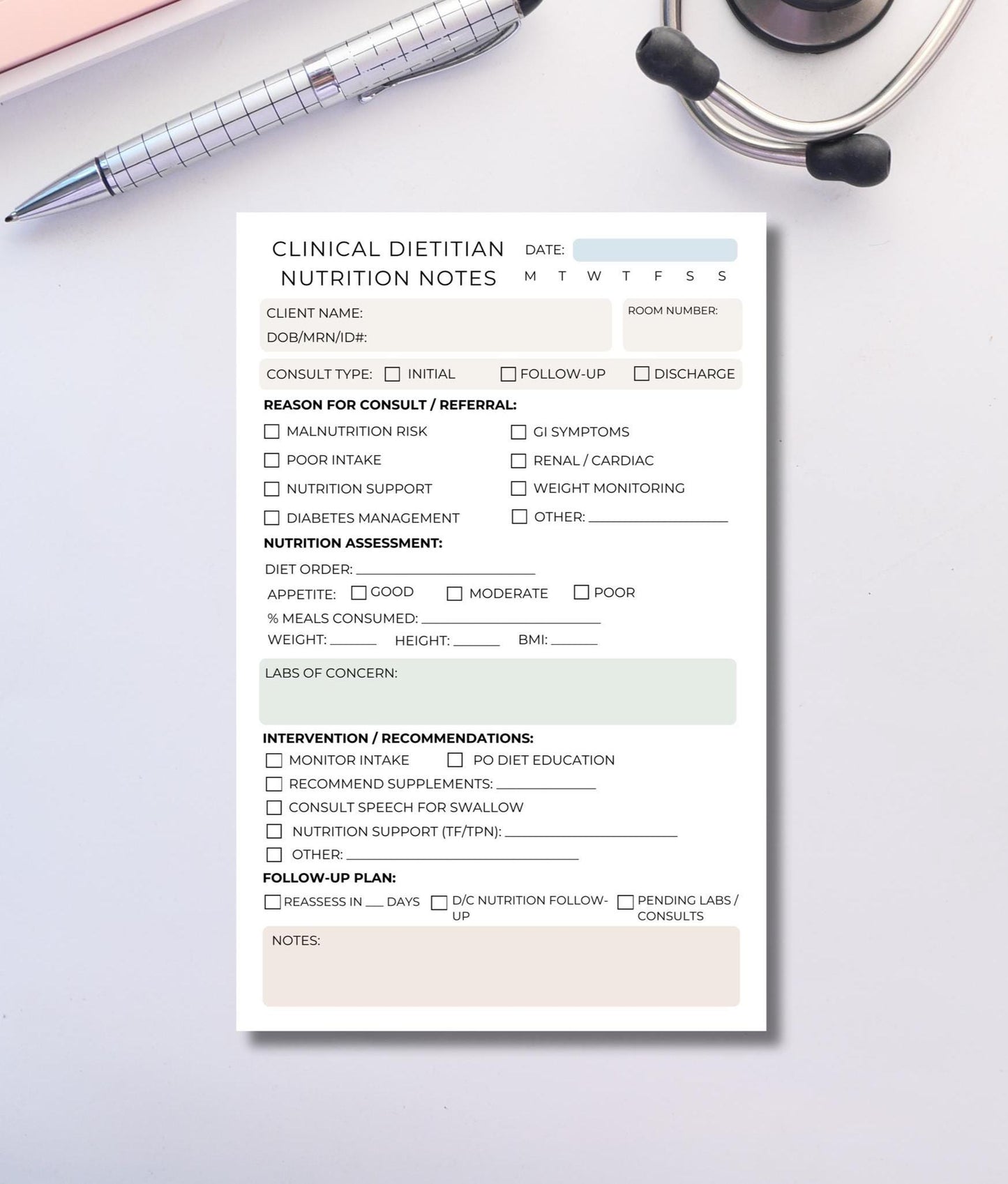 Clinical Dietitian Session Notepad | Hospital Nutrition Consult Form | Acute Care RD Notepad | Dietitian RD Nutrition Support Documentation