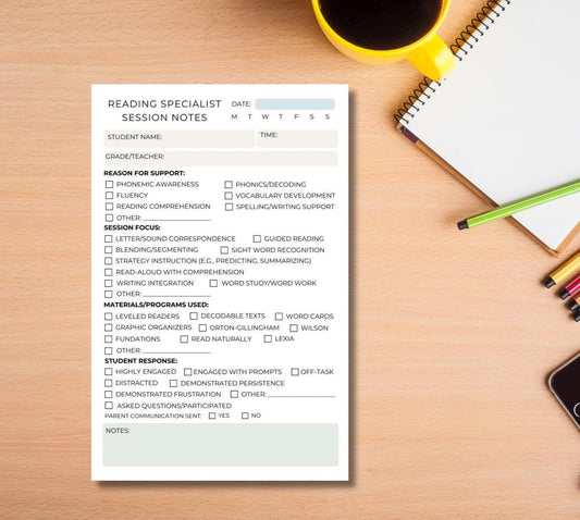 Reading Specialist Session Notes Notepad | Literacy Support Log for Educators | RTI Documentation | Teacher Supplies | Intervention Record