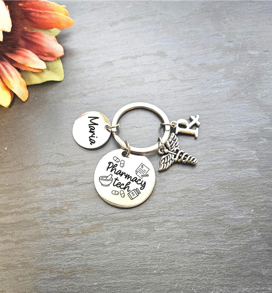 Personalized Pharmacy tech Keychain Engraved Birthday PT Key Ring Gifts for her custom graduation pharmacy gift keychain for him pharmacy