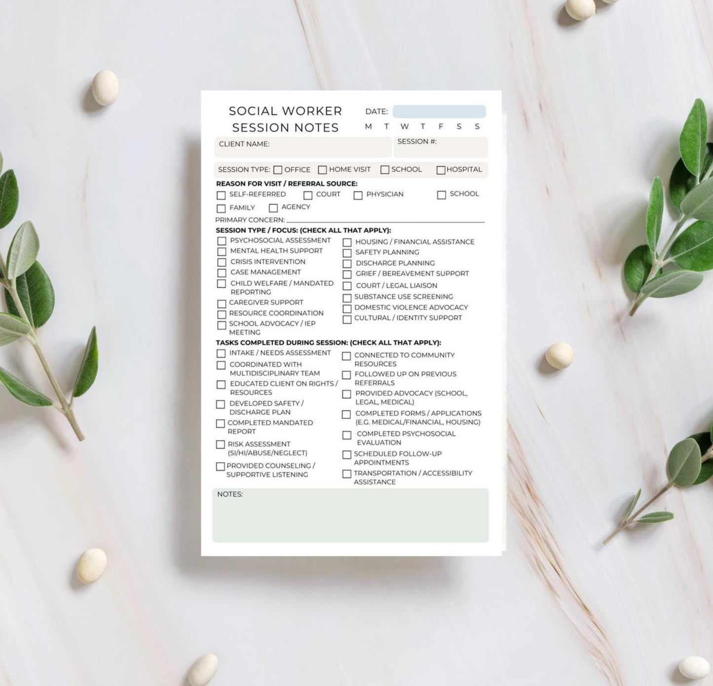 Social Worker Session Notes Notepad | Case Management, Counseling, Crisis Support, Discharge Planning | Social Work Documentation Pad