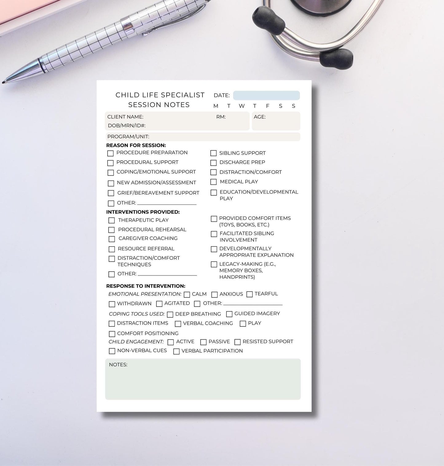 Child Life Specialist Session Notes | Pediatric Coping Log for Hospital Support | Child Life Notepad for Medical Play & Emotional Support