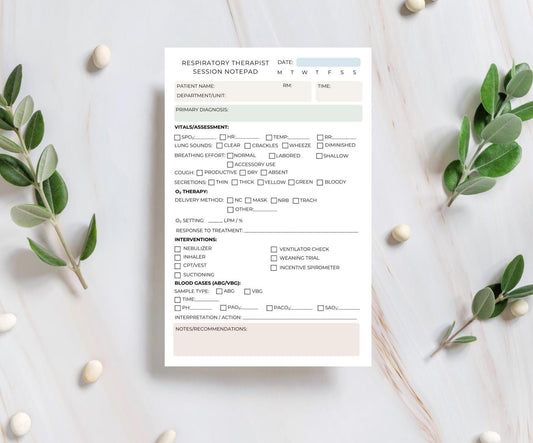 Respiratory Therapist Session Notes Notepad | RT Assessment Log | ABG Tracking | Daily Treatment Chart | Medical Notepad Healthcare Workers
