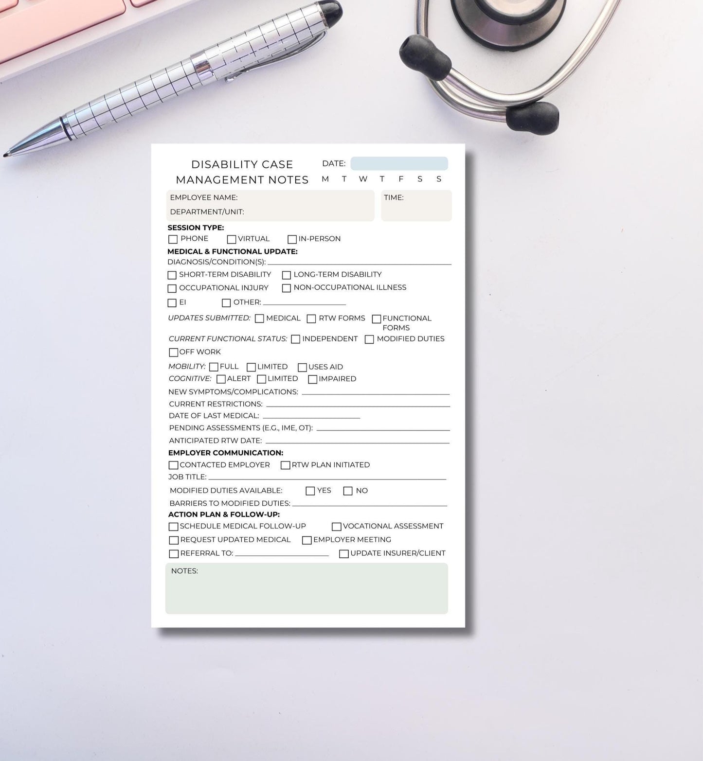 Disability Case Management Session Notes Notepad DCM Return to Work Forms | Insurance & Claims Tracker Medical Case Manager Human Resources