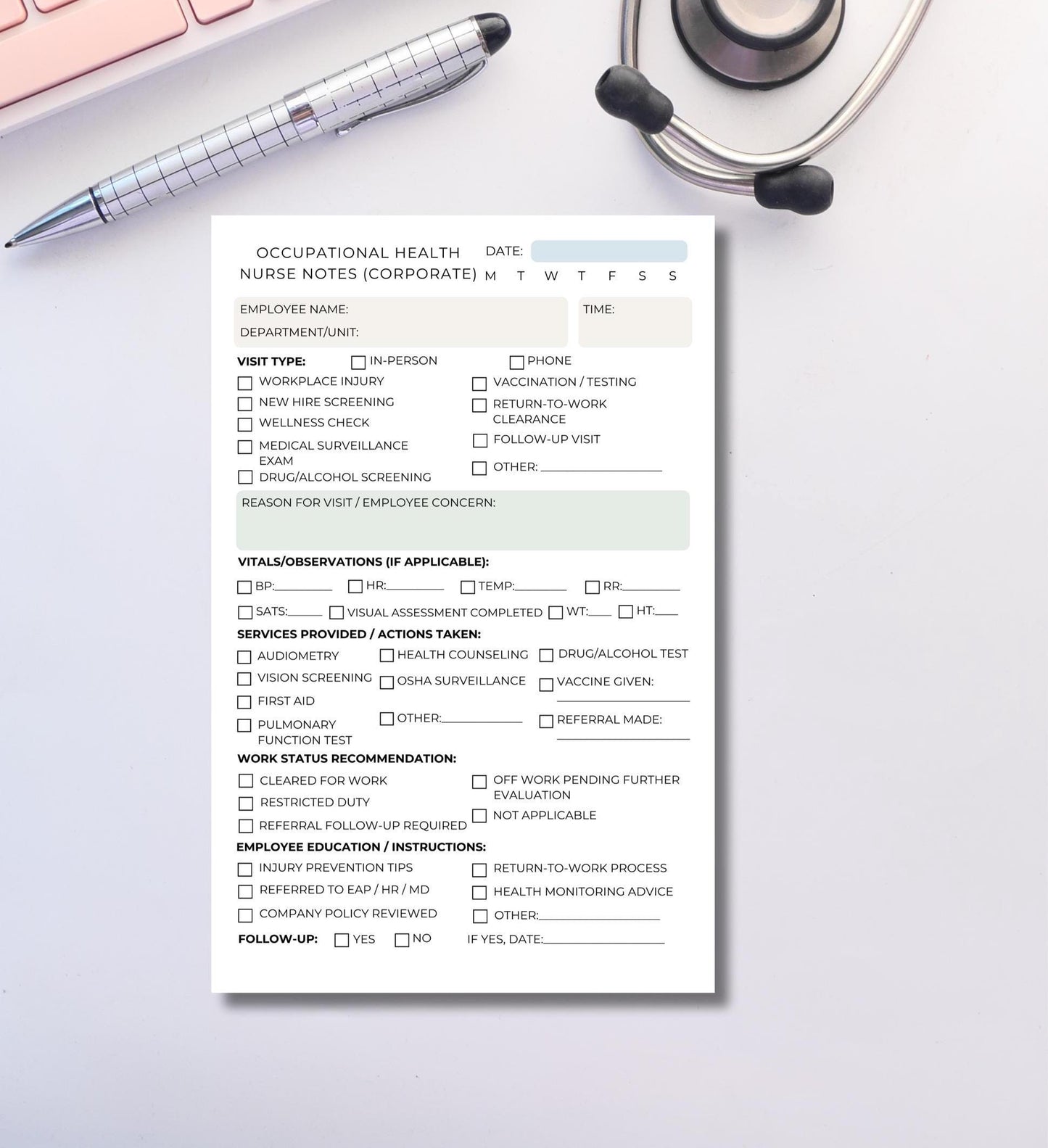 Occupational Health Nurse Session Notes – Corporate & Community Setting | Medical Notepad for OHNs | RN Notepad OHN Workplace safety notes