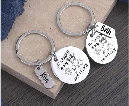 Custom My Garden is my happy Place Engraved keychain plant lady Key Ring garden lover Gifts for her farmer custom keychain plant lover gift