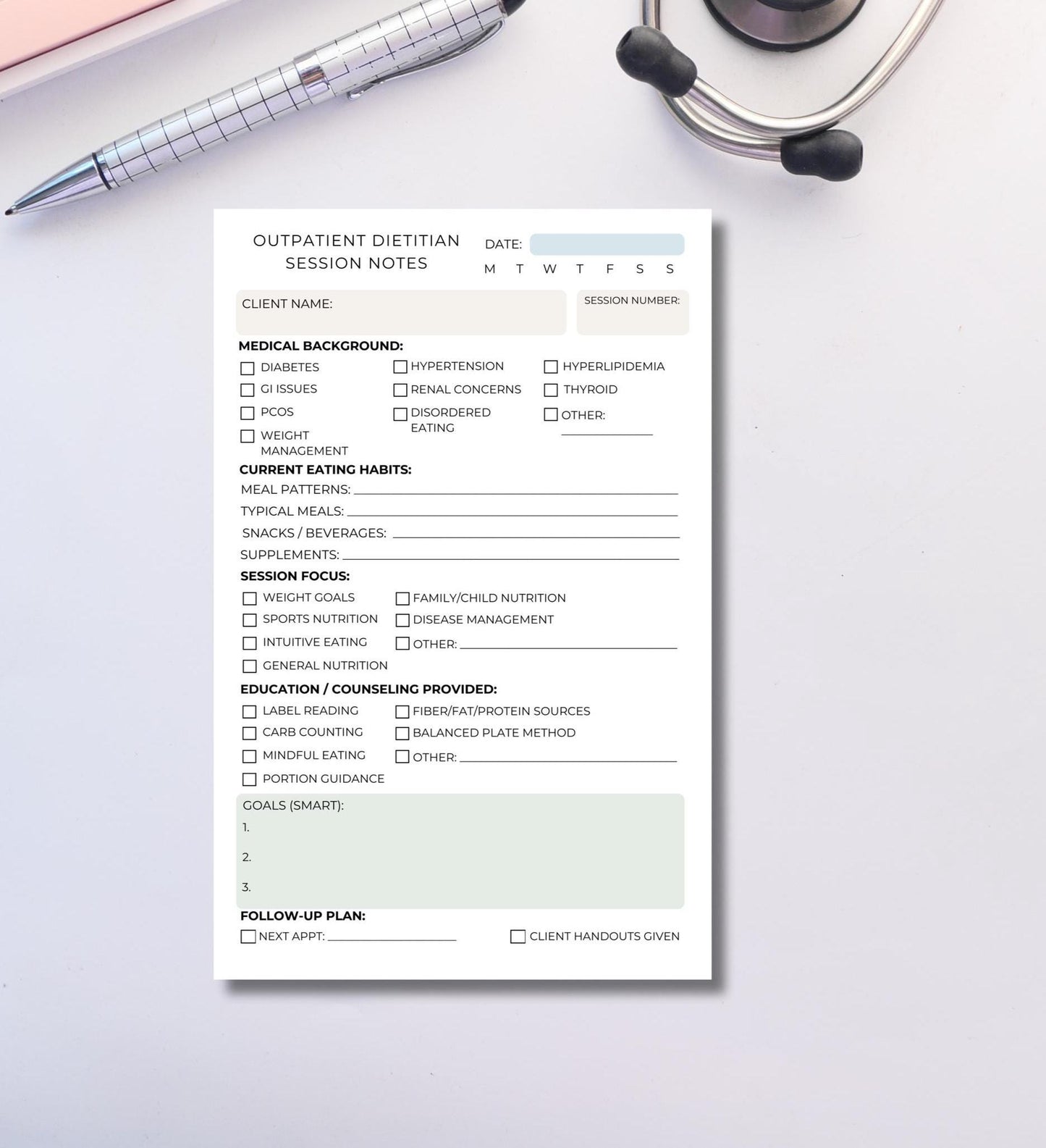 Outpatient Dietitian Session Notepad  Client Nutrition Counseling Form  Dietitian Note Pad registered dietitian Lifestyle Tracking Dietitian