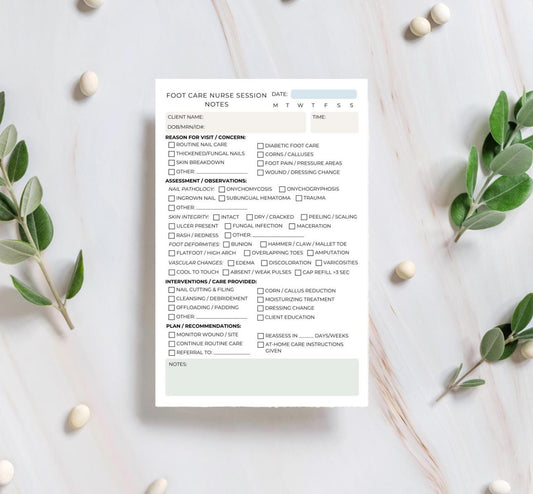 Foot Care Nurse Session Note Pad – 50 Sheets | Nail & Skin Assessment | Personalized Notepad for Home Foot Care Diabetic Footcare Clinic