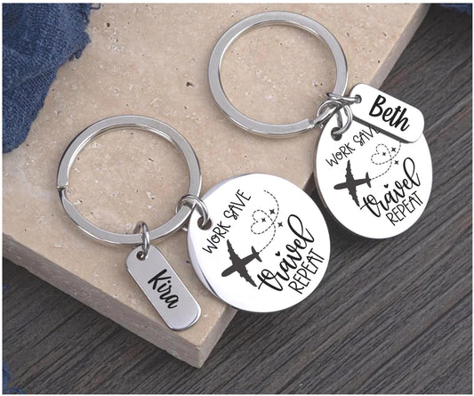 Personalized Work Save Travel Repeat Engraved keychain world traveler Key Ring vacation Gifts for her  custom keychain flight attendant gift