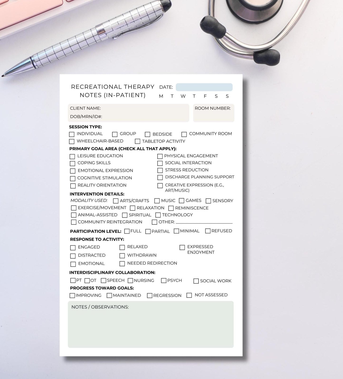 Inpatient Recreational Therapy Session Notes RT Documentation Notepad for Hospitals & Rehab Units CTRS session notepad Recreation therapy